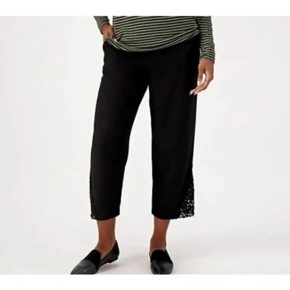 Susan Graver Pure Regular Linen Blend Crop Pants w/Lace Inset Women XS Black NEW - Picture 1 of 7